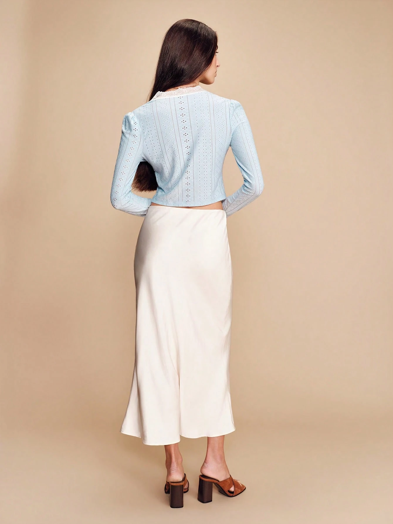 Sky Blue Stretch Broidery Anglaise Long Sleeve Top With Lace Trim Detail And Button Front Opening Cute Spring Summer Vintage Style French Style Parisian Style