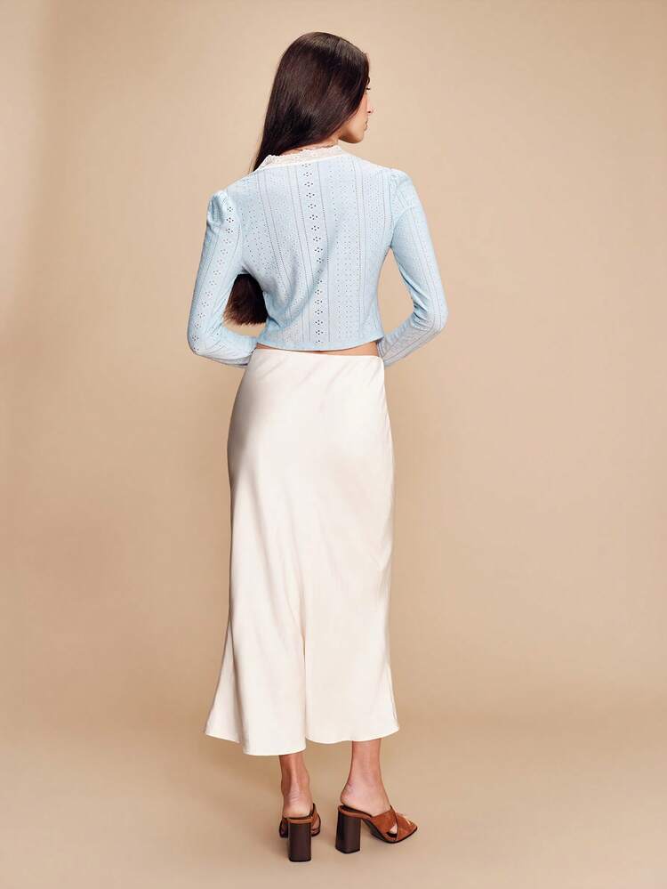 Sky Blue Stretch Broidery Anglaise Long Sleeve Top With Lace Trim Detail And Button Front Opening Cute Spring Summer Vintage Style French Style Parisian Style