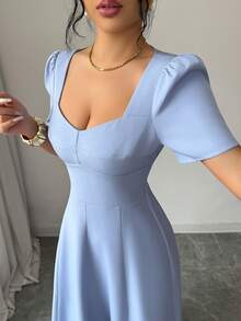 Elenzga Vestido de mujer de unicolor con cuello cuadrado, copa de busto falsa con forma, cinturón de cintura vintage, manga abullonada, longitud hasta la rodilla, elegante y sofisticado, estilo retro romántico minimalista francés, adecuado para oficina, viajes, negocios, casual, playa, citas, nueva llegada de primavera/verano - Azul - Ver 4