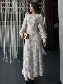 DAZY 优雅纹理长袖中长连衣裙，适合春夏穿着，可作婚礼、派对、正式场合的吊带裙。 - 杏色 - 查看 1