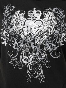 SHEIN Tween Girls Graphic Tee, Casual Loose Dark Personalized Cool Style Black Tops, Heart Wing Print Loose Short T-Shirt, Squishy Suitable For Summer Back To School Season, Daily Wear And Tops - Black - View 4