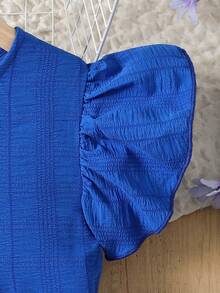 SHEIN Teen Girl Casual Vacation Solid Blue Woven Textured Flutter Sleeve Asymmetrical Ruffle Hem A-Line Dress, Spring/Summer - Blue - View 5