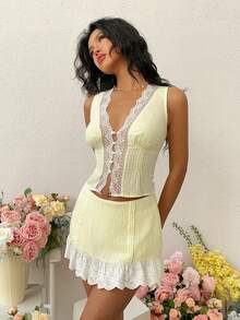 SHEIN Raffinéa 女士夏季度假撞色蕾丝吊带背心和荷叶边半裙两件套 - 黃色 - 查看 6