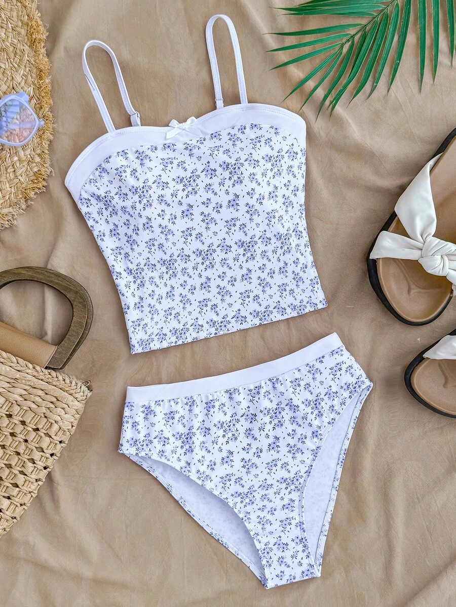 SHEIN Bộ bikini họa tiết hoa nhí buộc cổ yếm phối màu tương phản dành cho thiếu nữ, bộ bikini kín đáo. - Màu xanh lam - Xem 1