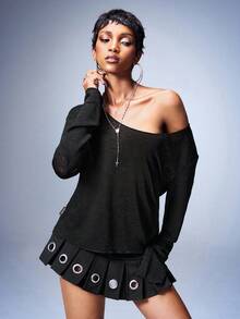 Y2Kool Áo thun nữ tay dài cổ tròn dáng rộng, gợi cảm, phong cách đường phố Y2K, phù hợp cho mùa thu, đông, xuân, hè và các buổi tiệc. - màu đen - Xem 6