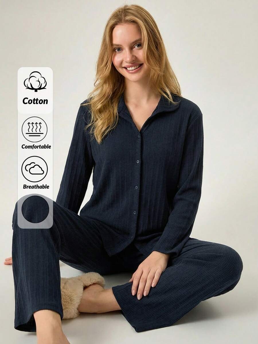 Loomlin 100%Cotton Shirt Style Buttoned Striped Dark Blue 2 Pieces Pajama Set - Navy Blue - View 1