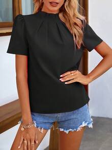Breezaya Women's Simple Solid Color Pleated Short Sleeve Blouse, Suitable For Commuting, Summer - Black - View 6