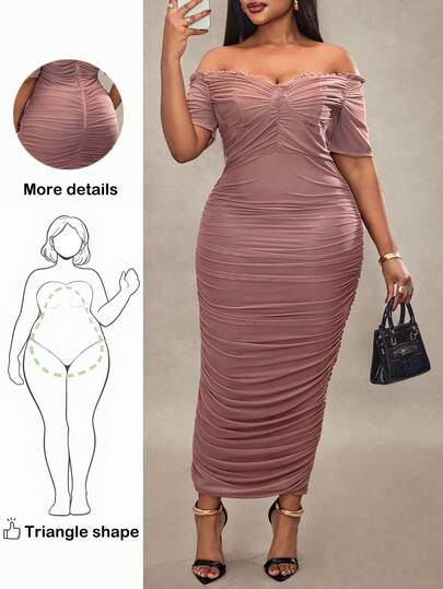 Truni 大码女式夏季优雅弹力网眼单肩褶皱中长连衣裙，女士生日礼服