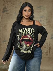 Truni Maieu cu imprimeu "ALWAYS ROCK" pentru femei, ocazional, minimalist, muzică și buze roșii, cu o curea de umăr, mânecă lungă, potrivit pentru toamnă/iarnă - Negru - Vizualizare 4