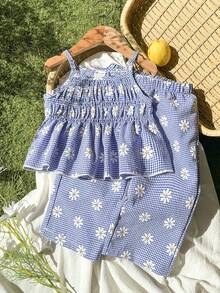 Vintaside Kids Baby Girl Floral & Plaid Print Camisole Top And Elastic Waist Pants Set - Blue - View 3