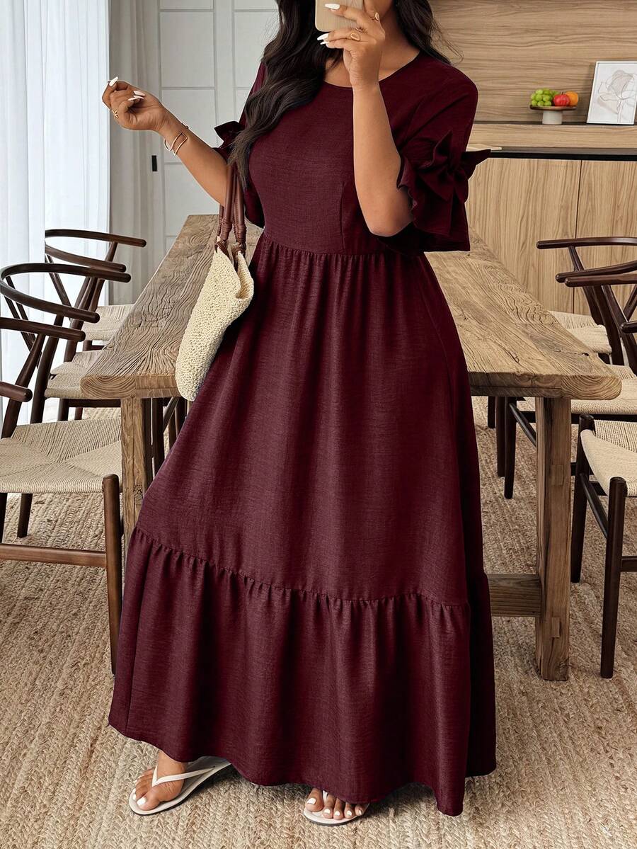 Weeklong Đầm cỡ lớn màu trơn tối giản cổ tròn tay ngắn - Màu Tím - Xem 1