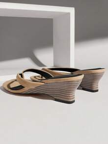 Solezae Women's Chic Casual Slip-On Thong Strap Wedge Sandals Valentine's Day - Beige - View 4