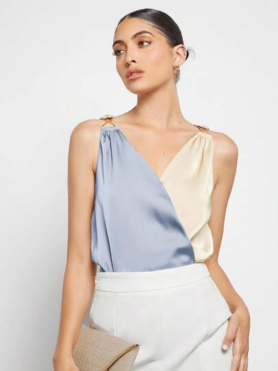 BizChic Camisa casual de mujer con parches de unicolor y decoración de metal, estilo básico urbano y minimalista, elegante atuendo de negocios casuales, adecuado para maestros, oficina, bodas, conciertos