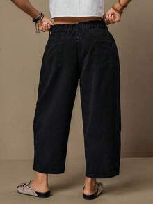 Freevana Quần jeans ống rộng, màu trơn, cạp chun kiểu túi giấy, cỡ lớn, có túi. - màu đen - Xem 2