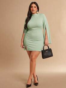 SHEIN BAE Plus Size Women Elegant Solid Color Split Sleeve Fitted Dress - Mint Green - View 4