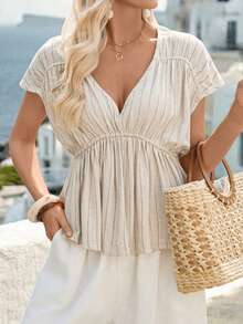 SHEIN Holidaya Women's V-Neck Ruffle Hem New Cotton Linen Striped Blouse - Apricot - View 1