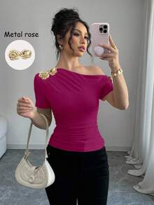 Rafferiza Women's Elegant Asymmetric Neck 3D Rose Gold Metal Button Decor Short Sleeve T-Shirt - Hot Pink - View 3