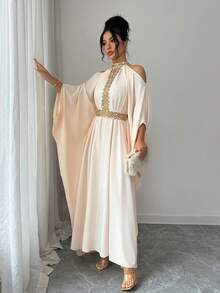 SHEIN Elenzya Áo choàng ôm eo màu vàng ánh kim thanh lịch, hở vai, thích hợp cho các buổi đi chơi, hẹn hò, tiệc mùa hè và các dịp trang trọng. - Màu be - Xem 5
