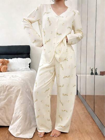 Pijamas mujeres conjuntos de mujer Estampado Suave al Tacto Conjunto de Piyama de Manga Larga Estilo Dulce y Adorable Cardigan para Uso Doméstico Almacén Local, pijamas mujeres,conjuntos de mujer,Almacén local