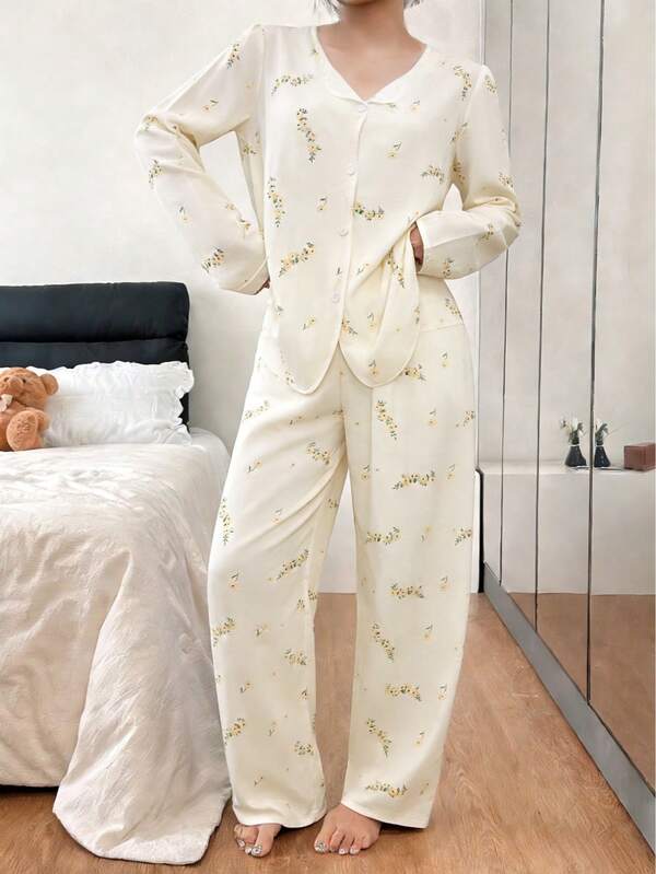 Pijamas mujeres conjuntos de mujer Estampado Suave al Tacto Conjunto de Piyama de Manga Larga Estilo Dulce y Adorable Cardigan para Uso Doméstico Almacén Local, pijamas mujeres,conjuntos de mujer,Almacén local