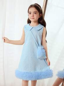 Nuovo abito elegante estivo di alta qualità per ragazze, senza maniche, con colletto alla Peter Pan, in tessuto jacquard lavorato con inserti in rete, stile principessa, adatto per uso quotidiano e uscite - celeste - Visualizzare 6
