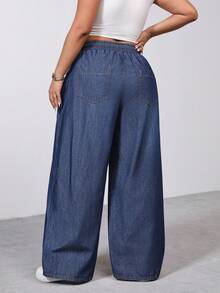 SHEIN PETITE CURVE PETITE Plus Size Summer And Spring Woman's Solid Color Mid-Waist Elastic Waist Drawstring Straight Loose Versatile Denim Jeans - Dark Wash - View 2