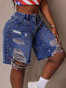 Slaydiva Quần short denim thời trang cỡ lớn, đính đá nhiều màu sắc. - Màu xanh lam - Xem 2