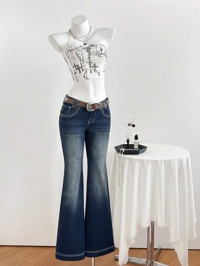 Elamini Fashionable Casual Retro Low-Waist Flare Jeans