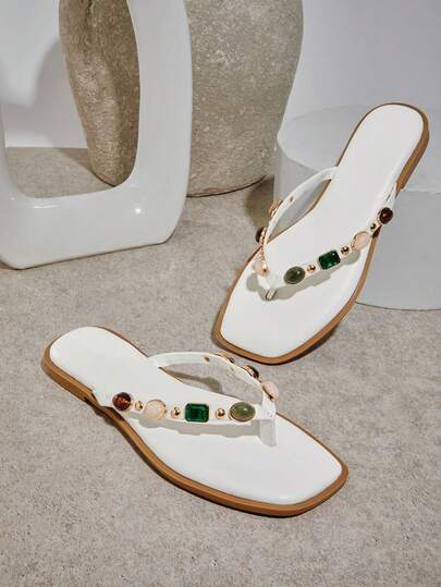 SHUZIA #VacationGlam Women's Square Toe Multi-Gem Decor Vegan Leather White Thong Flip-Flop Sandals – Elegant, Colorful & Resort-Ready.