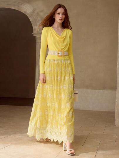 MOTF PREMIUM LONG KNIT PATCHWORK EMBROIDERED DRAPED COLLAR DRESS, SPRING/SUMMER