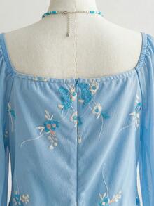 Soleia Plus Size Embroidered Blue Long Sleeve Mini Dress - Baby Blue - View 9