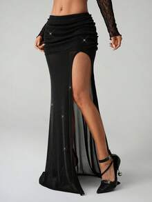 SHEIN ICON Women's Black Elegant Fashionable Sexy Sequin High Slit Skirt,Valentines Day Outfit,Wedding Guest Skirt For Women - Black - View 4