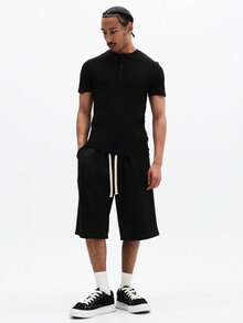 SUMWON Essential Black Henley Short Sleeve Button Placket Crew Neck Regular Fit Casual Tee For Daily Comfort Versatile Style - Black - View 3