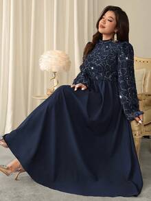 Firerie 大码立领插肩袖优雅连衣裙 - 藏蓝色 - 查看 1