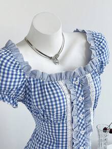 Elamini Women's Square Neck Plaid Print Ruffle Trim Casual Short Sleeve Blouse - Blue - View 3