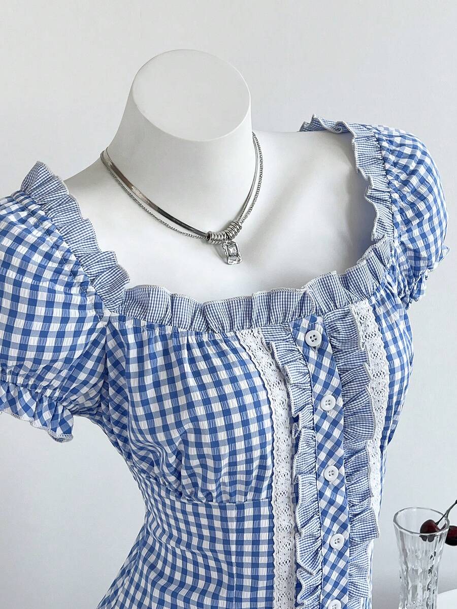 Elamini 女士方领格子印花荷叶边休闲短袖衬衫 - 藍色 - 查看 1