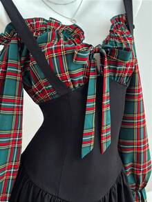 Elamini 女士时尚格子印花荷叶边拼接连衣裙 - 墨綠色 - 查看 7