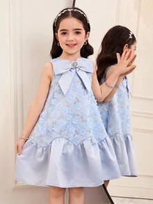 SHEIN Young Girl Elegant Mandarin Collar Sleeveless A-Line Dress - Blue - View 6