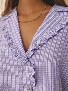 Aralina Bộ đồ ngủ 2 món kẻ sọc, cổ áo xếp ly, tay dài, tay phồng, cài cúc, gồm áo sơ mi và quần dài ống rộng, bộ đồ ngủ Giáng sinh dễ thương và ấm áp. - Màu Lilac Tím - Xem 10