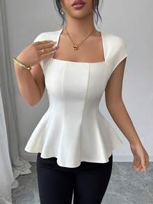 Elenzga Blouse femme à col carré de couleur unie, taille à plusieurs coutures, coupe évasée à ourlet parapluie, manches courtes, couleur abricot. Style élégant et raffiné, rétro français, romantique minimaliste. Convient pour le bureau, les déplacements, les affaires, les sorties casual, la plage, les rendez-vous, le printemps/été - Nude - Voir 5