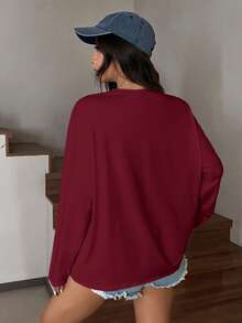 SHEIN EZwear Áo thun dài tay cổ tròn dáng rộng màu đỏ tía, cỡ lớn, phong cách thường ngày. - Màu Đỏ Sâu - Xem 2