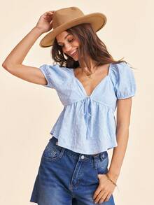 Coeurva Women's Vacation Top,Women's Elegant Casual Romantic Sexy Vacation Jacquard Blouse, Blue Ladies Top,Women's Summer Outfits, Vacation Outfits Women,Summer Tops - Baby Blue - View 3