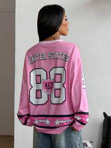 Coolane Áo thun dài tay cổ chữ V in họa tiết dành cho nữ, thích hợp mặc đi chơi, dự lễ hội âm nhạc, phong cách thể thao thường ngày, mùa đông/thu. - Hồng - Xem 7