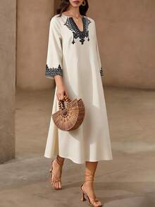 Rafferiza Women's Elegant Vintage Coin Print Long Sleeve Loose Muslim Dress Embroidered Dresses For Women Western - White - View 3