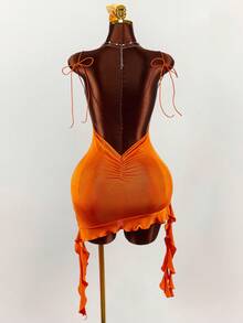 Amplova 女士性感荷叶边不对称下摆露背吊带迷你连衣裙，夏季 - 黑色 - 查看 7