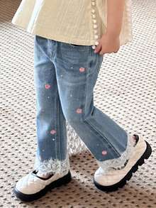 DAZY Jeans acampanados con bordado floral lindo para niñas - Azul lavado medio - Ver 1