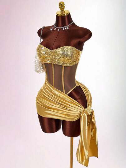 Amplova Women's Sexy Lace-Up Mini Dress, Sequin Patchwork Wrap Hem, Revealing And Fashionable, Suitable For Party And Nightclub Sexy Birthday Outfit