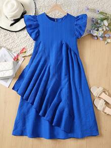 SHEIN Teen Girl Casual Vacation Solid Blue Woven Textured Flutter Sleeve Asymmetrical Ruffle Hem A-Line Dress, Spring/Summer - Blue - View 4