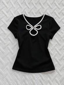 SHEIN 女士时尚金属扣镂空短袖T恤，夏季 - 黑色 - 查看 1