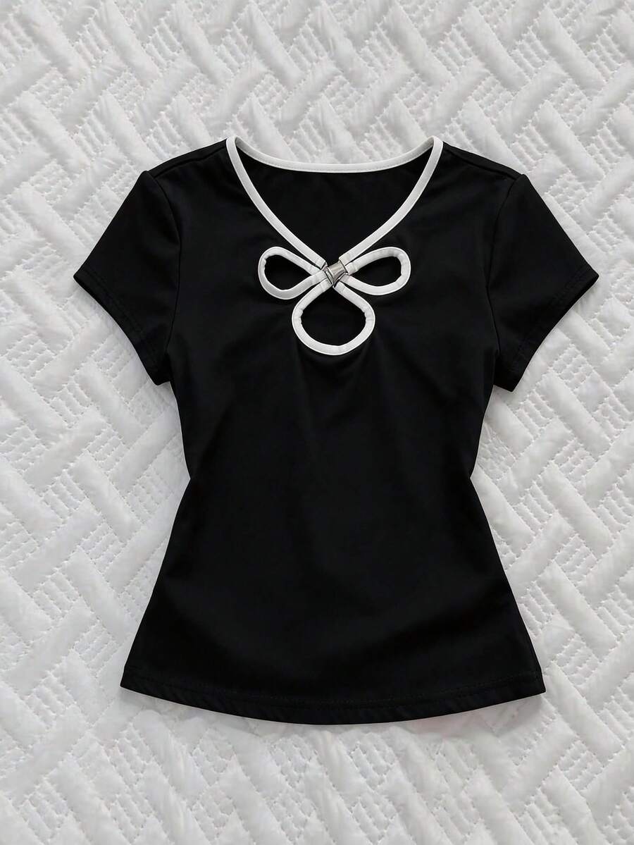 SHEIN 女士时尚金属扣镂空短袖T恤，夏季 - 黑色 - 查看 1